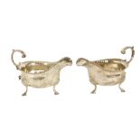 A pair of English George III antique silver Sauceboats, London 1759, by William Skeen, each with