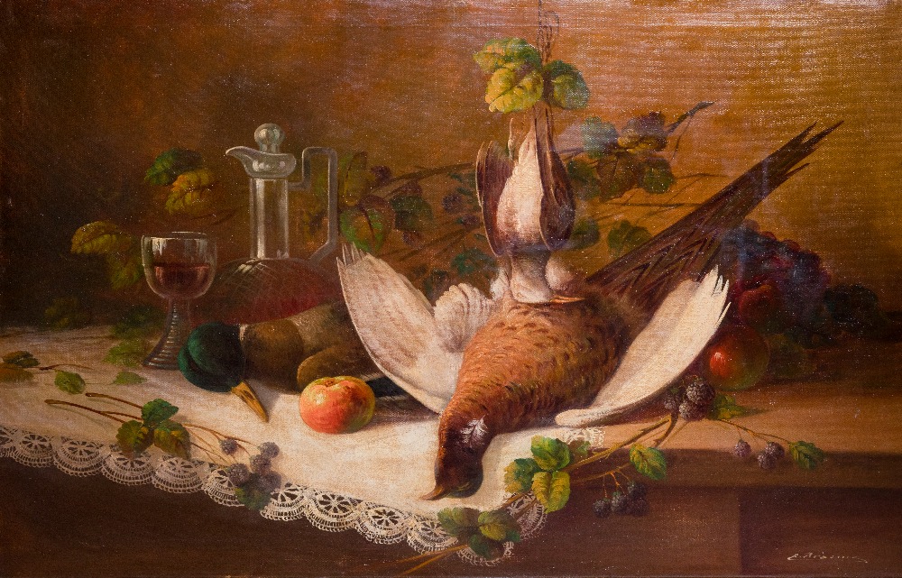 19th Century Continental School Still Life, 'Game Birds, Pheasant and Mallard with Claret Jug and