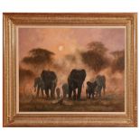 John Trickett, British (b. 1953) "Thunder," O.O.C., depicting a herd of elephants charging in a