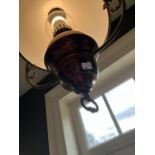A Victorian style brass Ceiling Light, with milk glass shade and brass reservoir. (1)