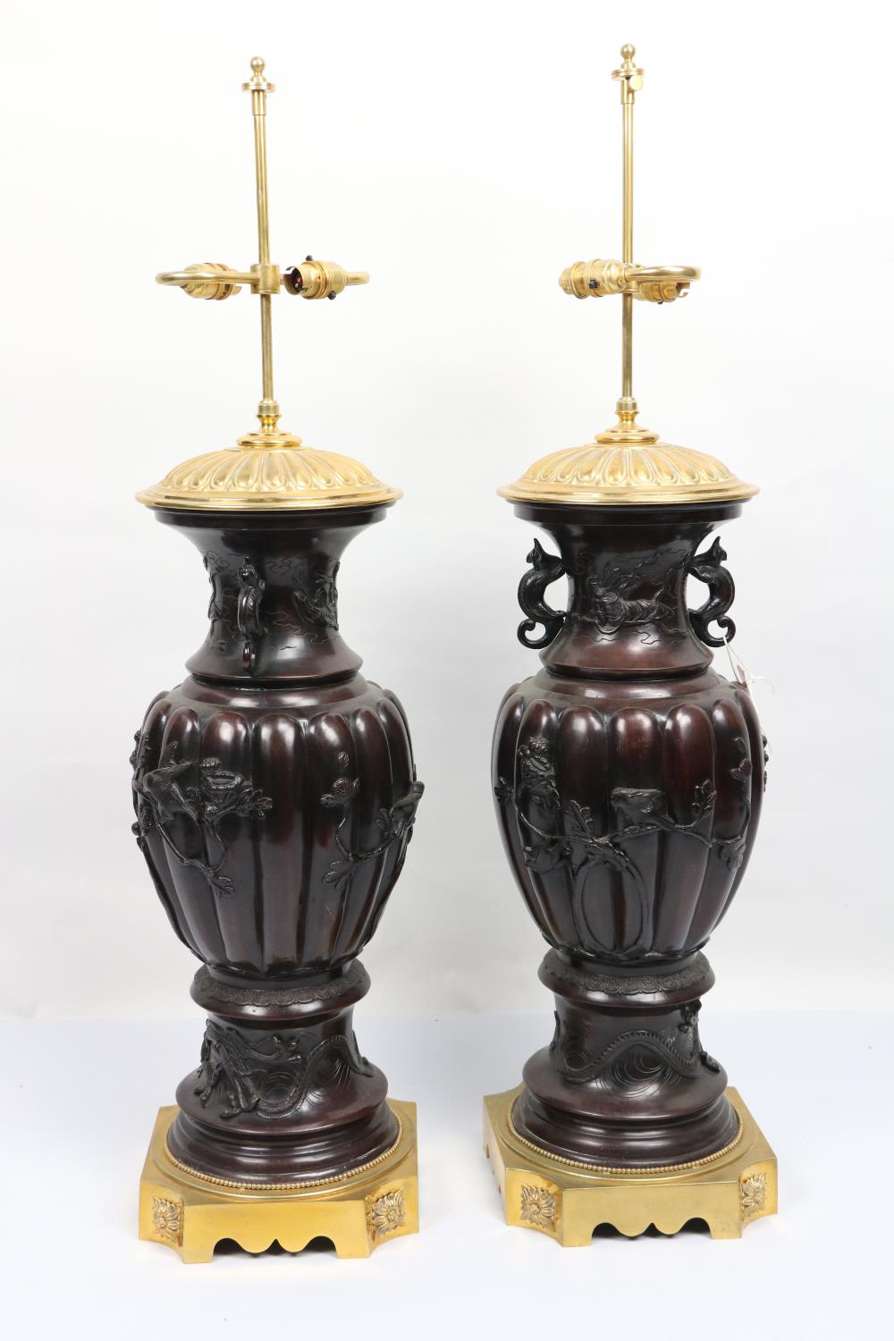 A fine pair of early 20th Century Meji period Japanese bronze and brass mounted vase shaped Table - Image 2 of 19