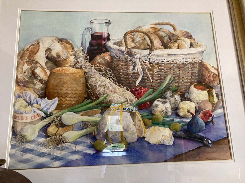 Tessa Shedley Jordan, British b. 1948 "Dejeuner Rustique," watercolour, Still Life with cheese, - Bild 4 aus 4