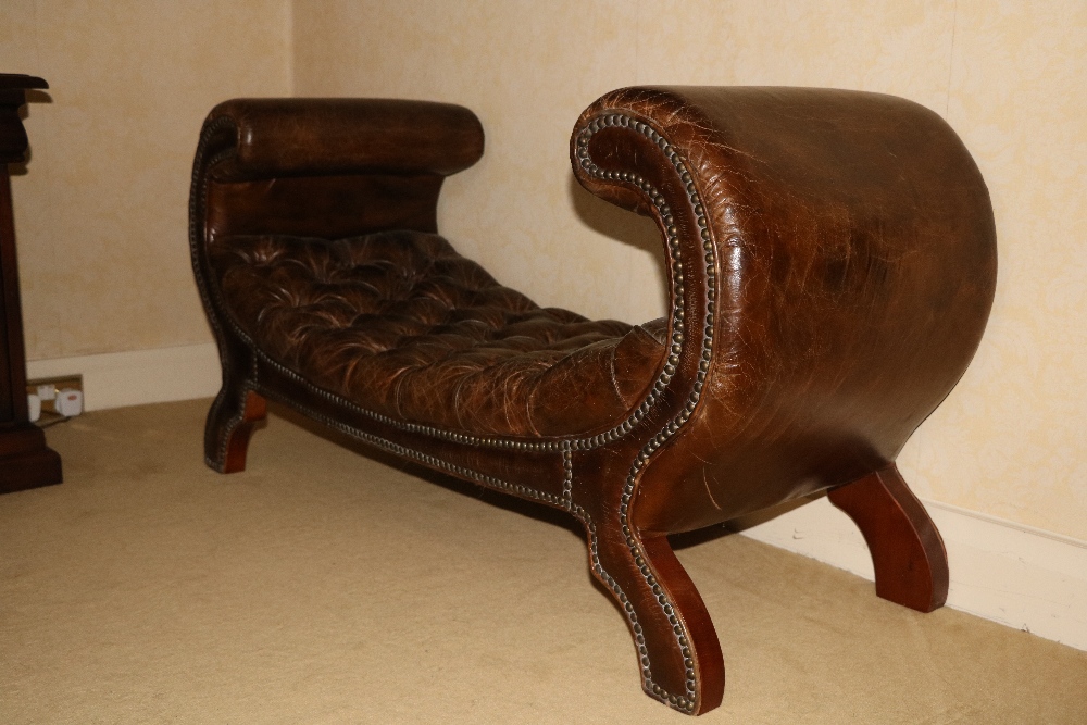 A good pair leather Window Stools, with scroll ends and button seat on shaped legs with brass studs, - Image 2 of 2