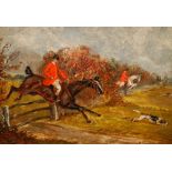 19th Century Irish School "At Full Chase," hunting scene with horses and hounds, O.O.B., approx.
