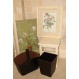 A brown faux leather Wastepaper Bin, a similar oval Basket, a square painted Stool, a coloured Print