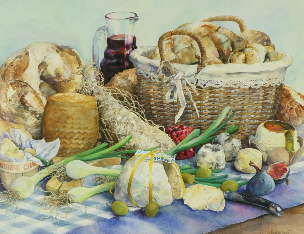 Tessa Shedley Jordan, British b. 1948 "Dejeuner Rustique," watercolour, Still Life with cheese,