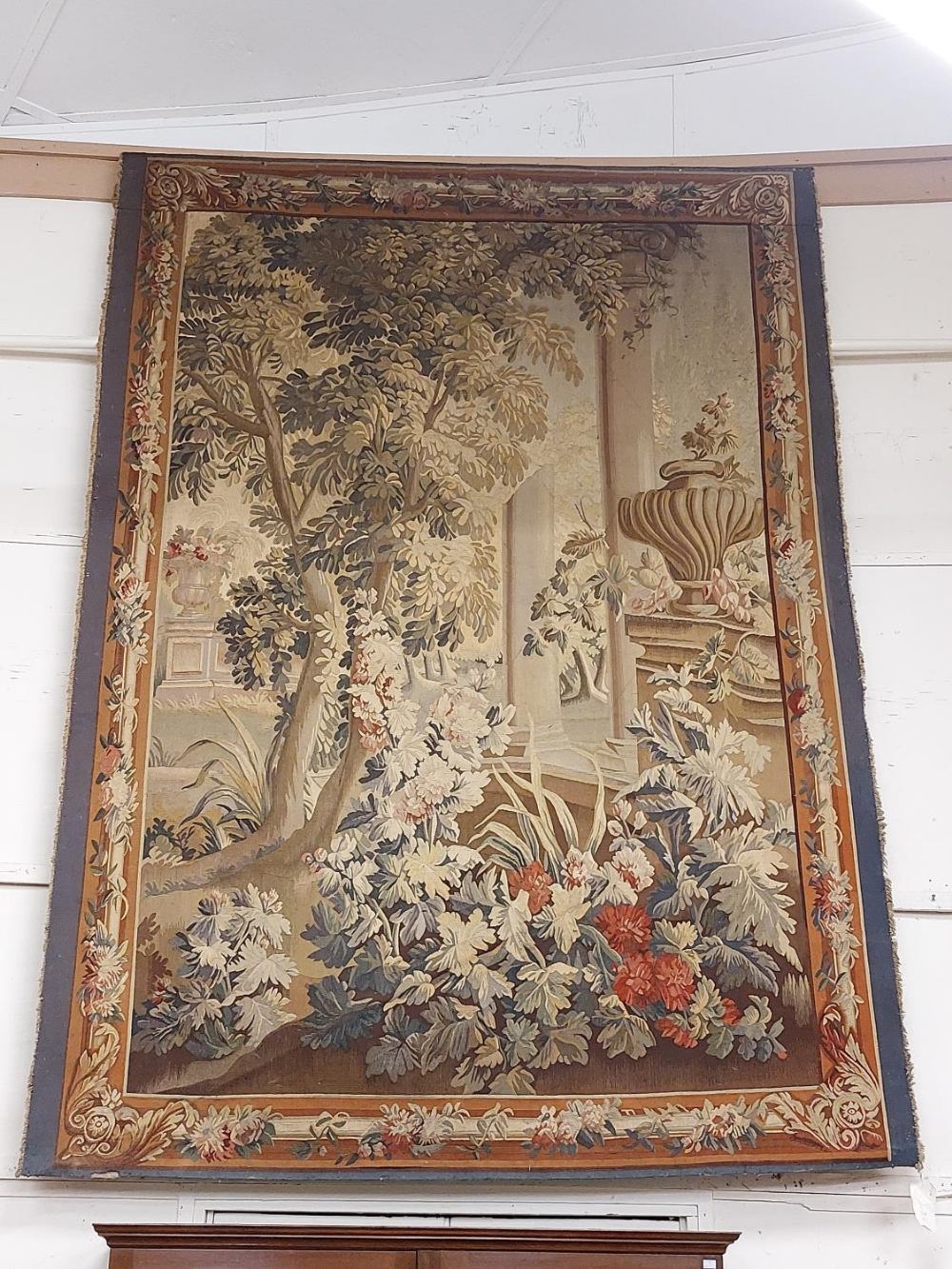 19th Century French Aubusson Tapestry 'Representing a very colourful Flower Garden with large Urns