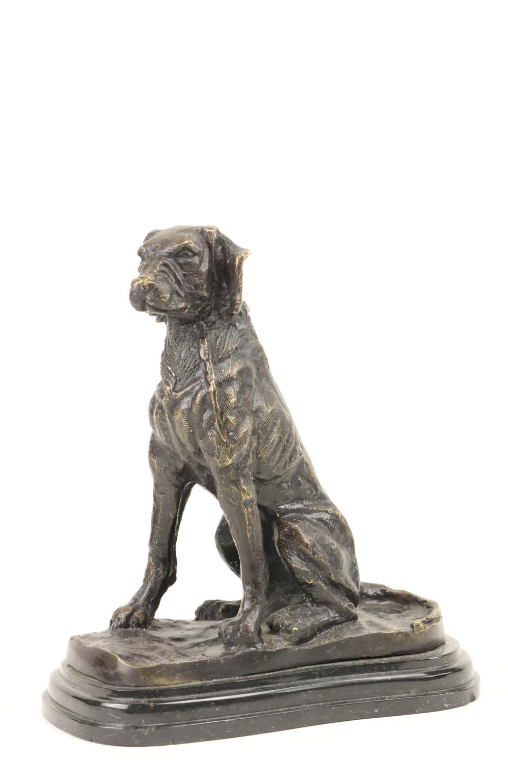 A good bronze Study of a seated hound, 26cms (10"), on a rectangular stepped black marble base. (1)