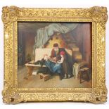 Continental School (XX) 'Basket Weaver, old bearded man in an Interior with young Boy & Girl,' O.O.