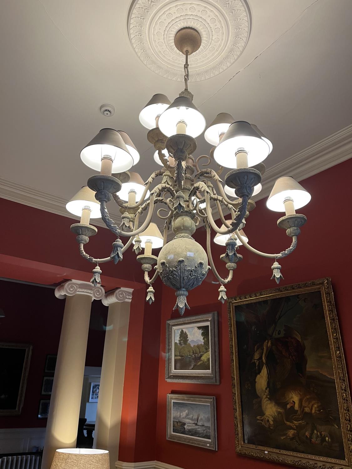 A superb pair of Italian Renaissance style three tier 12 branch Chandeliers, with bulbous terminal