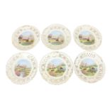 A set of 6 English porcelain cream ground and pierced decorated Cabinet Plates, each with gilt