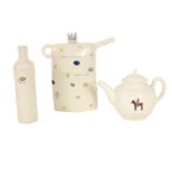 Three Art Pottery Pieces, by Rae Dunn comprising teapot, spirit bottle and olive oil bottle, signed,