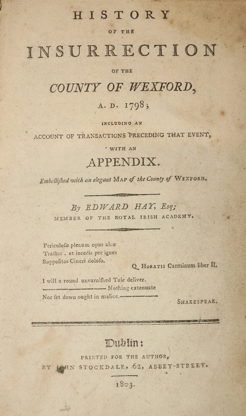 1798: Hay (Edward) History of the Insurrection of the County Wexford, A.D. 1798, 8vo Dublin 1803. - Bild 2 aus 3