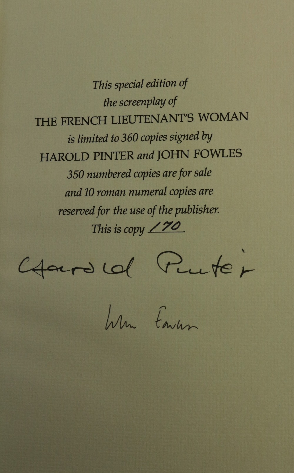 Special Signed Limited Edition Pinter (Harold) & Fowles (John) The French Lieutenant's Woman, 8vo - Image 2 of 2