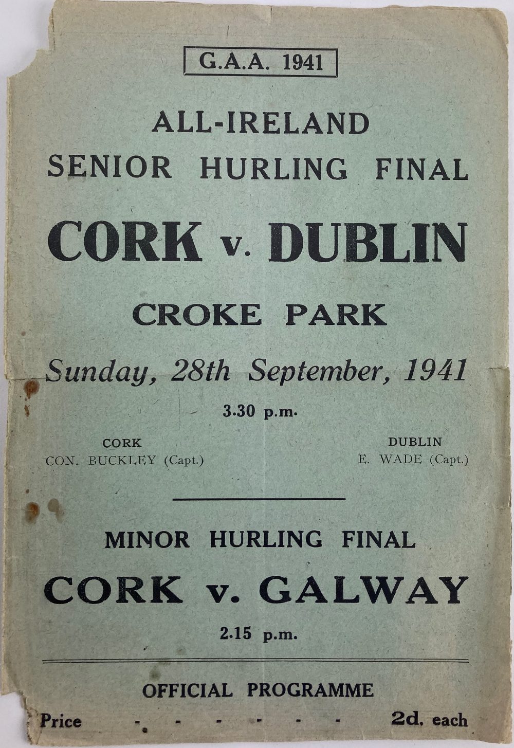 Cork v. Dublin, All-Ireland 1941 Programme, Hurling 1941, All-Ireland Senior Hurling Final, Cork