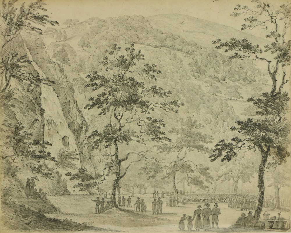 19th Century Irish School "Powerscourt Waterfall, at the Royal Visit in 1827," pencil drawing,