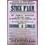 Co. Monaghan:  Broadside - Auction Poster. Highly Important Sale of Neat Stock Farm, by Public