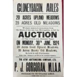 Co. Laois:  Broadside - Auction Poster. Cloneybacon, Arles, 30th June 1924, Auctioneer P.J.
