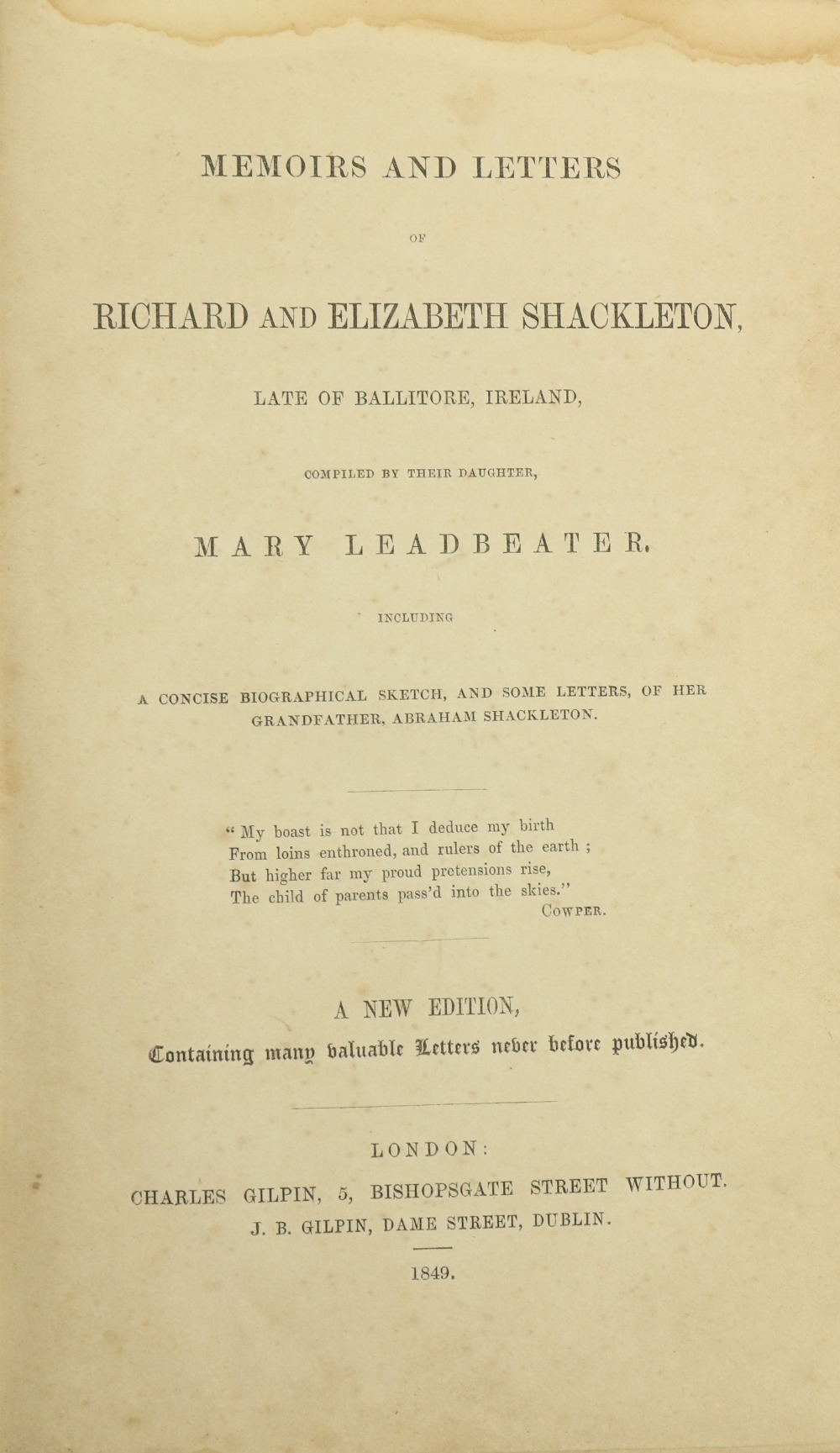 Society of Friends: Leadbeater (Mary) Memoirs and Letters of Richard and Elizabeth Shackleton, - Image 2 of 3