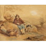 After George Morland (1763-1804) "Resting Shepherd with Flock," watercolour, approx. 27cms x