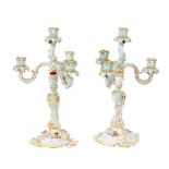A colourful pair of hand painted three branch Meissen  porcelain Candelabra, decorated with