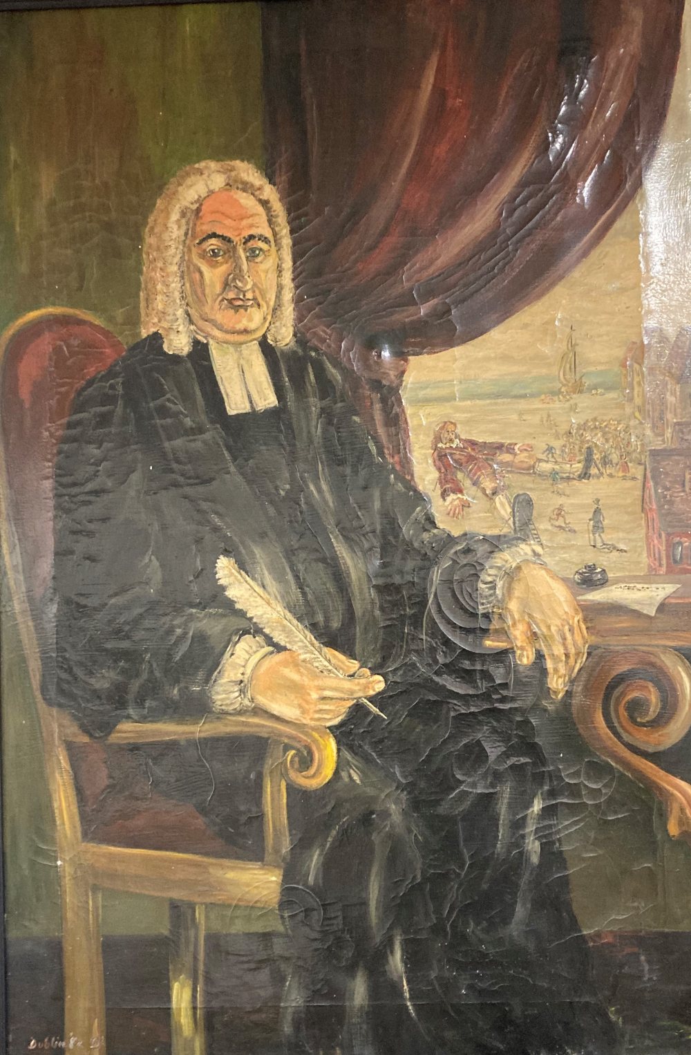 19th Century Irish School, R.J. "Portrait of Dean Jonathan Swift, seated with allegorical scene