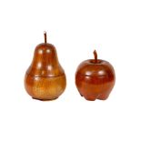 An apple shaped carved wooden Tea Caddy, 14cms (5 1/2"), and another carved mahogany pear form Tea