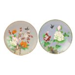 A good pair of Japanese cloisonné enamel small Platters, each decorated with flowers and bird, 25cms