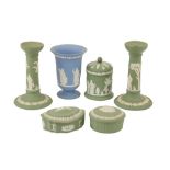 A collection of Wedgwood green and white Jasperware, comprising pair of Candlesticks, 16.5cms (6 1/