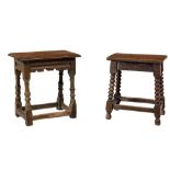 An 18th Century oak Joint Stool, with elm top above a panelled frieze on baluster turned supports