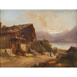 19th Century Swiss School "Log Cabin in the Alps, with Woman Approaching," 18cms x 23cms (7" x