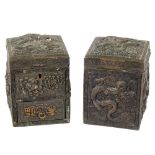 Two Chinese square bronzed metal dragon Tea Canisters, one with hinged cover, the other with a
