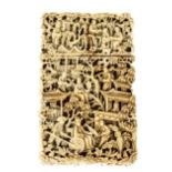 A Chinese Canton carved Card Case, 19th Century, carved in relief with numerous figures, boats ,