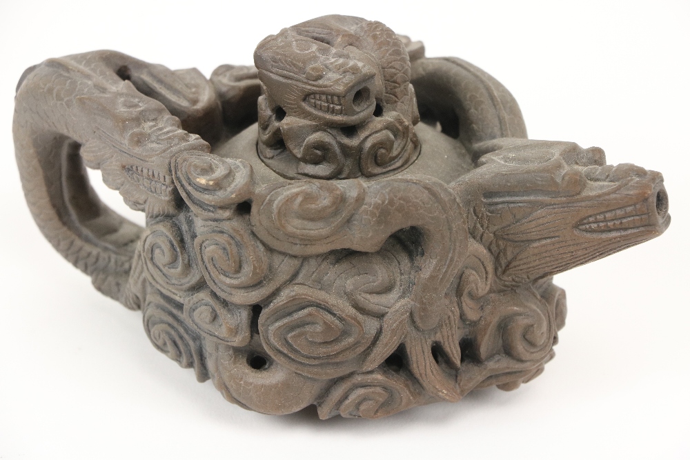 A small Fish form Chinese Yixing Teapot, 12.5cms (5"), a larger dragon form ditto, 18cms (7"), a - Image 4 of 6