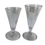 Two similar late Georgian period Ale Glasses, engraved with barley and vines on double knop stem