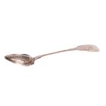 An Irish George III silver Straining Spoon, crested fiddle pattern with pierced divider to the