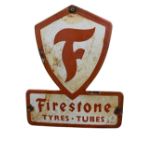 A Vintage enamel Advertisement Sign, "Firestone, Tyres, Tubes," approx. 31cms x 26cms, (shaped