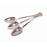 A fine set of 3 George III silver fiddle and thread pattern crested Serving or Basting Spoons, by