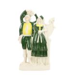 A fine rare Staffordshire flat back Group, "The Irish Musical Couple," she playing the harp in green