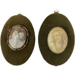 A carved cameo Brooch, with two classical women under a star and crescent moon oval and another