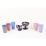A set of 4 Murano colourful glass Tumblers, 9cms (3 1/2"); together with a triple stag glass Sugar &