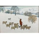 W.B. Currie, Scottish (1823-1894) "Herding Sheep," O.O.B., snowfallen landscape with sheep dog and