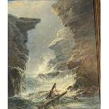 George Blackie Sticks (Br. 1843-1938) "Waves breaking against the high Cliffs, with ship's mast in