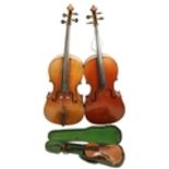 Two early Concert Cellos, each approx. 125cms (49') long, as musical instruments, w.a.f. together