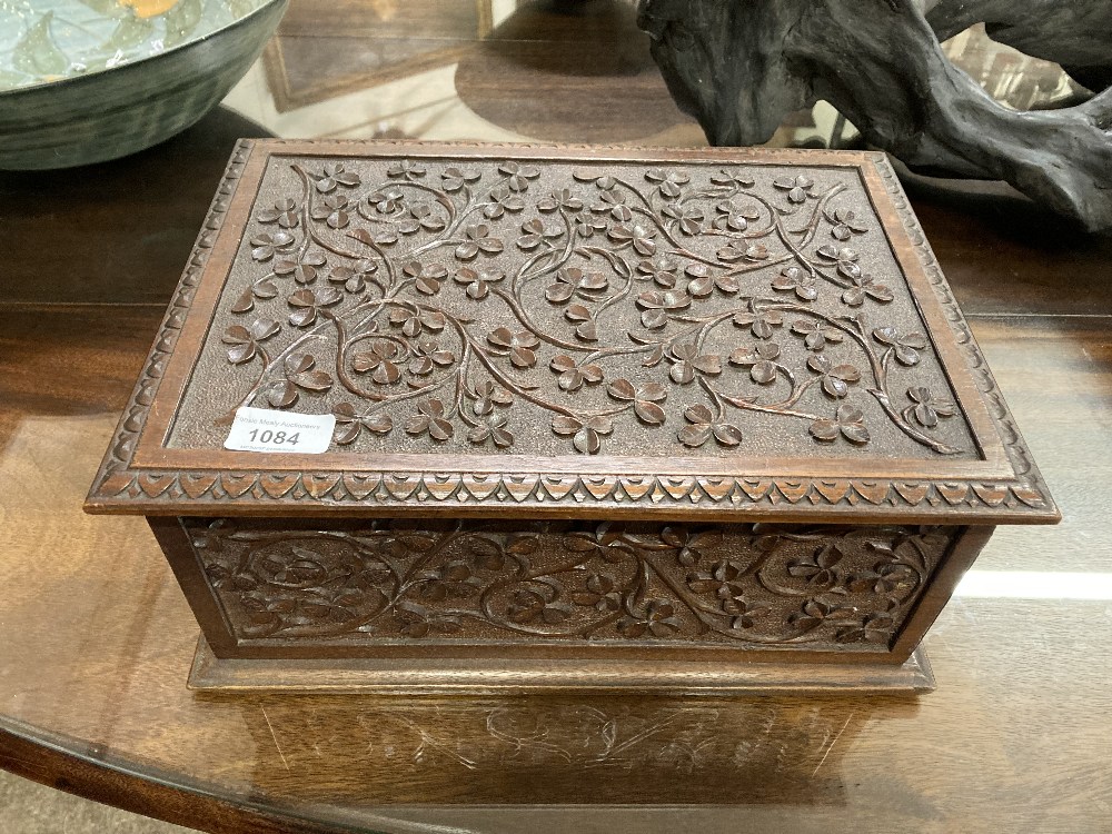 A fine carved Irish mahogany Box, by "The Kilkenny Woodworkers," with fragment of label, the - Image 3 of 8