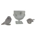 Two Lalique Bird Ornaments, each Signed  R. Lalique, France, 13cms (5") approx., and another very