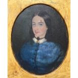 19th Century Irish School "Portrait of a Young Lady with blue dress and jet Necklace," oval, O.O.C.,