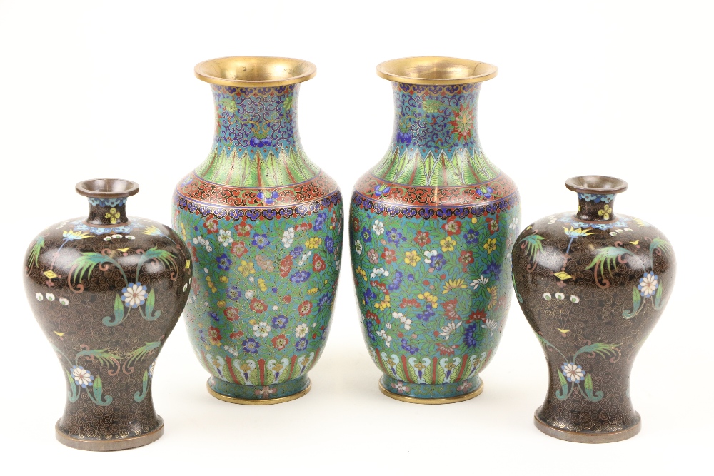 A pair of small Chinese Meiping cloisonné Vases, each with rows of scrolls and stylized flowers,