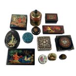 A collection of lacquered and decorated Boxes, mainly Russian, some Signed  various sizes and