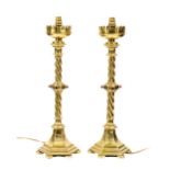 A good pair of brass Altar Candlesticks, each converted as a Table Lamp with two stage spiral reeded
